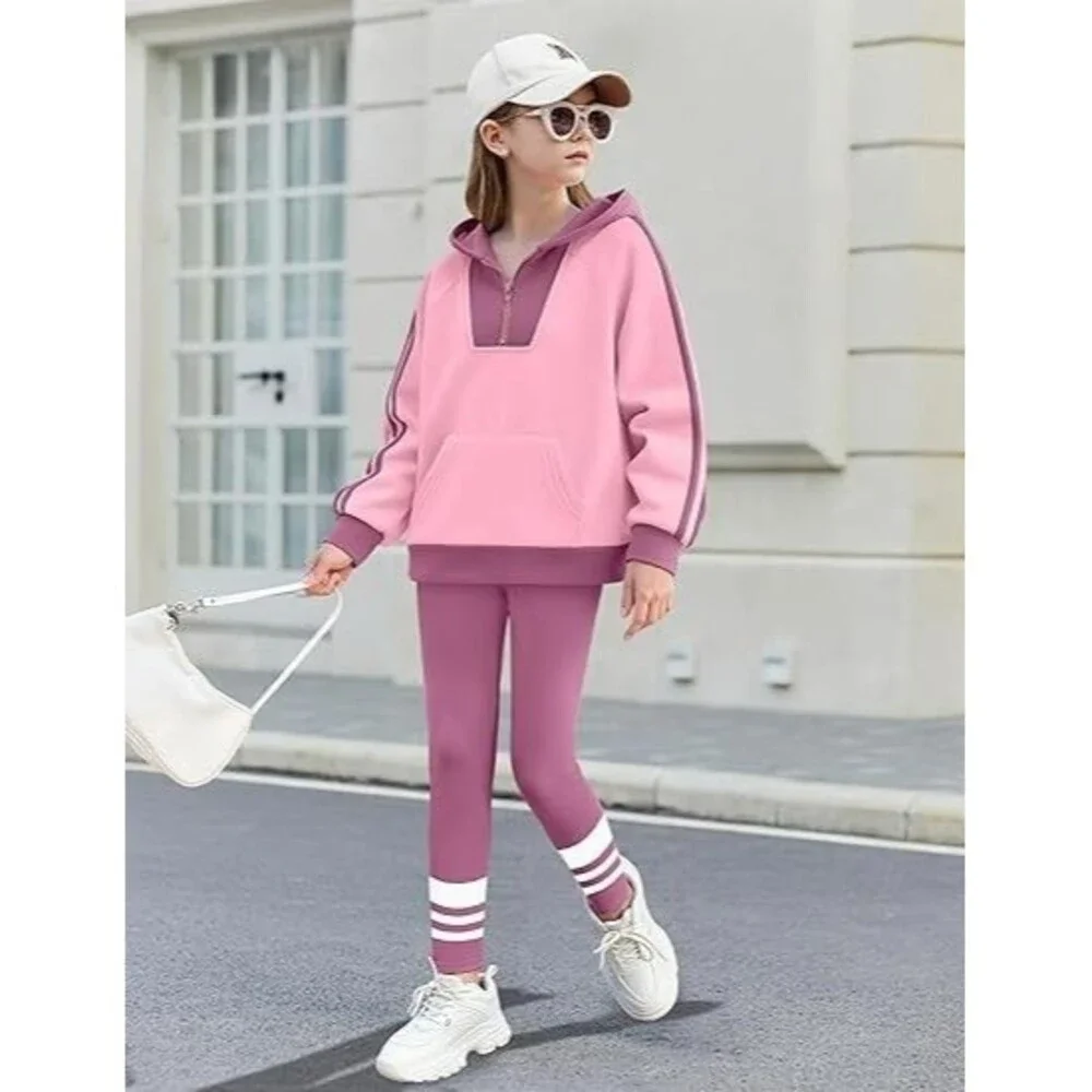 Girl’s 2 Piece Hoodie Sweatshirt Outfits Set 10-12Y 1/4 Zip Print Leggings